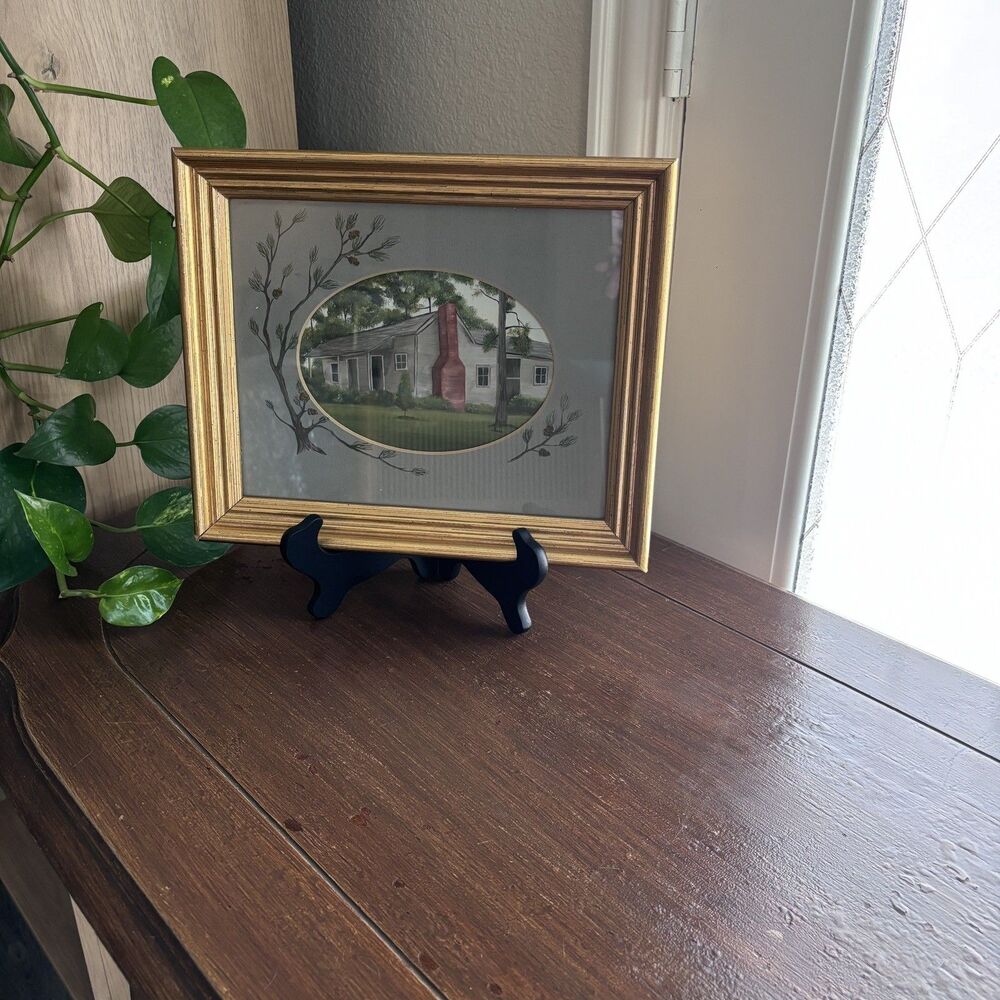 Framed original acrylic painting signed Sheri, oval matting old house gold frame